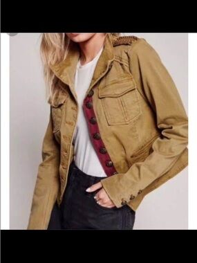 Free People Military-Style Tan Utility Jacket with Burgundy Trim